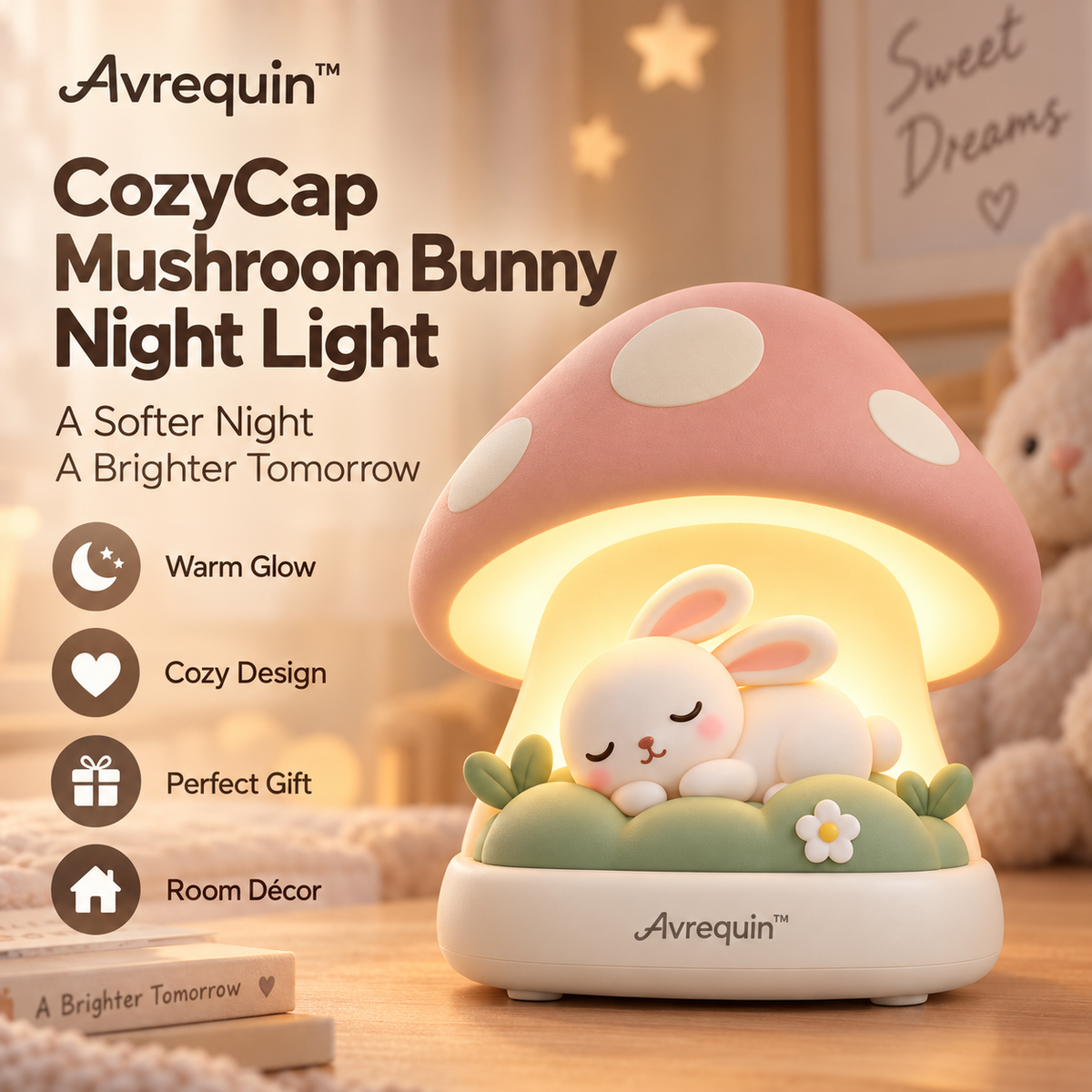 Avrequin™ DreamGlow CozyCap Mushroom Bunny Night Light